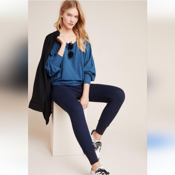 Saturday Sunday Anthropologie Stripe Ribbed Blue Hacci Sweater Size Small Shirt - Picture 2 of 8